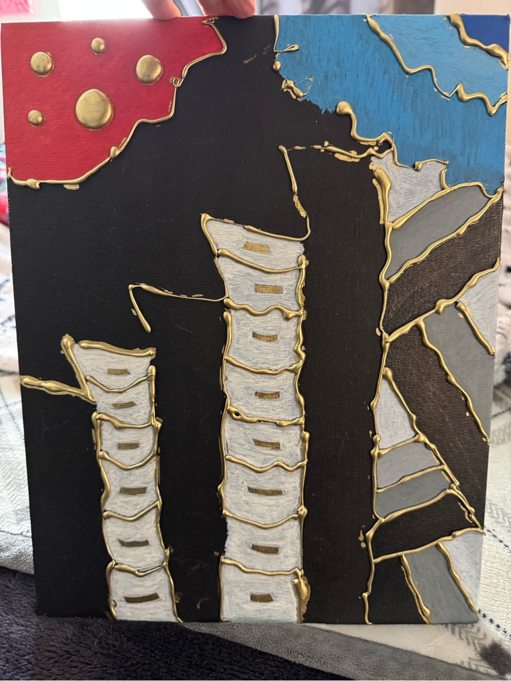 Abstract Botanical Wall Art in Black, Gold, White, Blue & Red